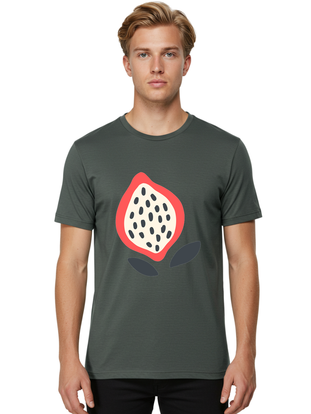 Dragon-Fruit Men'S Graphic Tee, 100% Cotton, Comfortable Casual Summer Wear, Machine Washable, Dragon Fruit, Exotic Fruit, Pink Skin, Black Seeds, White Pulp, Tropical Flavors, Healthy Eating, Fruit Illustration, Minimalist Art, Sweet Treat Aab695