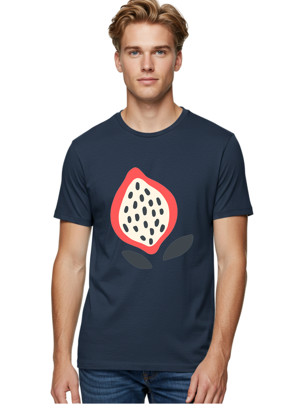 Dragon-Fruit Men'S Graphic Tee, 100% Cotton, Comfortable Casual Summer Wear, Machine Washable, Dragon Fruit, Exotic Fruit, Pink Skin, Black Seeds, White Pulp, Tropical Flavors, Healthy Eating, Fruit Illustration, Minimalist Art, Sweet Treat Aab695