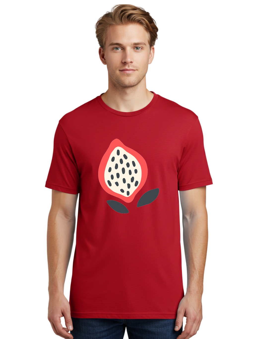Dragon-Fruit Men'S Graphic Tee, 100% Cotton, Comfortable Casual Summer Wear, Machine Washable, Dragon Fruit, Exotic Fruit, Pink Skin, Black Seeds, White Pulp, Tropical Flavors, Healthy Eating, Fruit Illustration, Minimalist Art, Sweet Treat Aab695