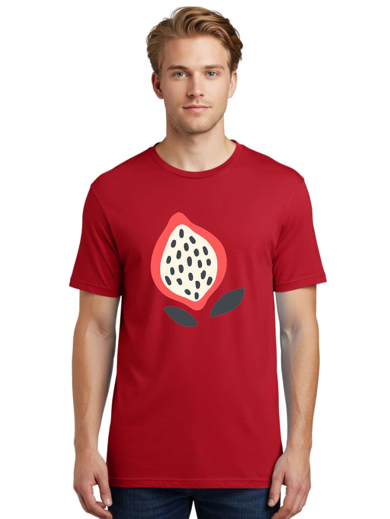 Dragon-Fruit Men'S Graphic Tee, 100% Cotton, Comfortable Casual Summer Wear, Machine Washable, Dragon Fruit, Exotic Fruit, Pink Skin, Black Seeds, White Pulp, Tropical Flavors, Healthy Eating, Fruit Illustration, Minimalist Art, Sweet Treat Aab695