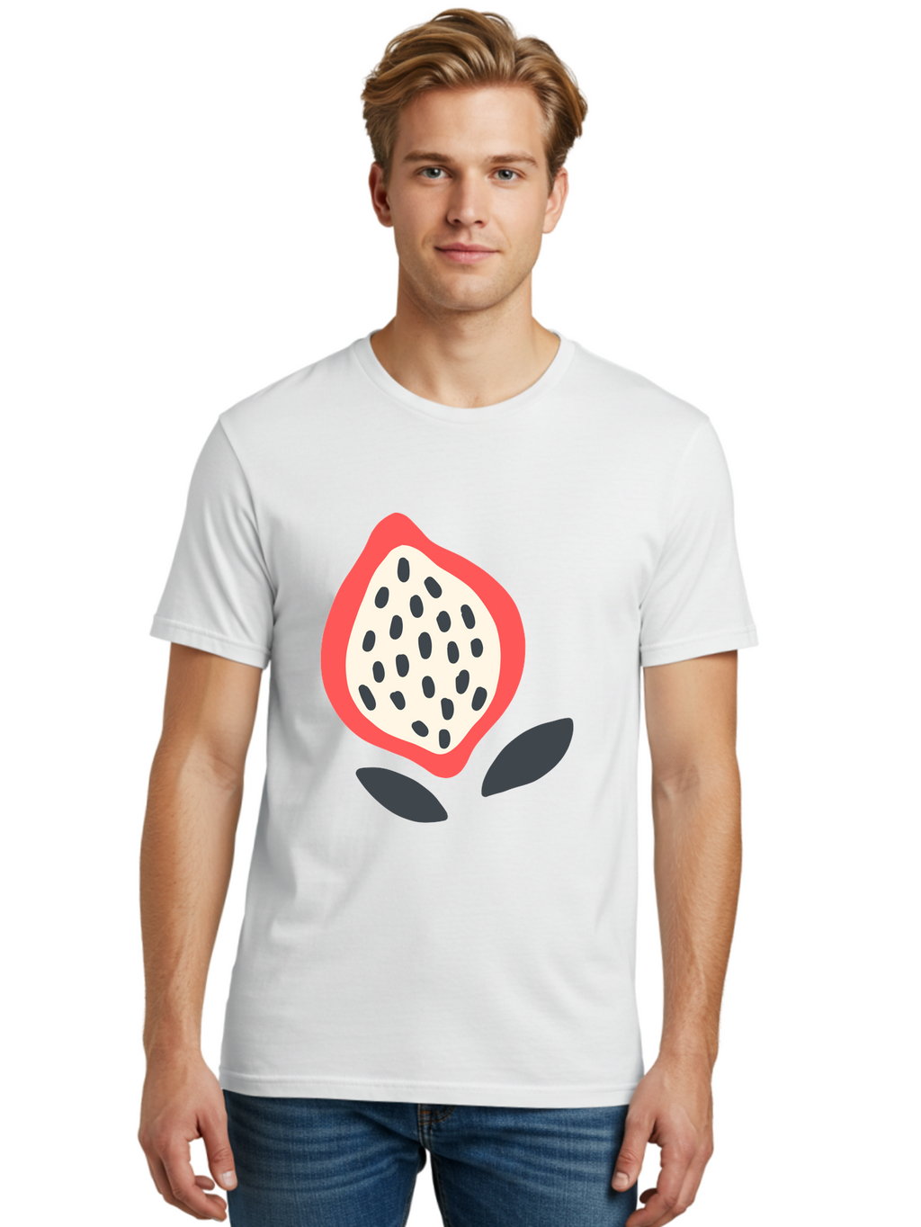 Dragon-Fruit Men'S Graphic Tee, 100% Cotton, Comfortable Casual Summer Wear, Machine Washable, Dragon Fruit, Exotic Fruit, Pink Skin, Black Seeds, White Pulp, Tropical Flavors, Healthy Eating, Fruit Illustration, Minimalist Art, Sweet Treat Aab695