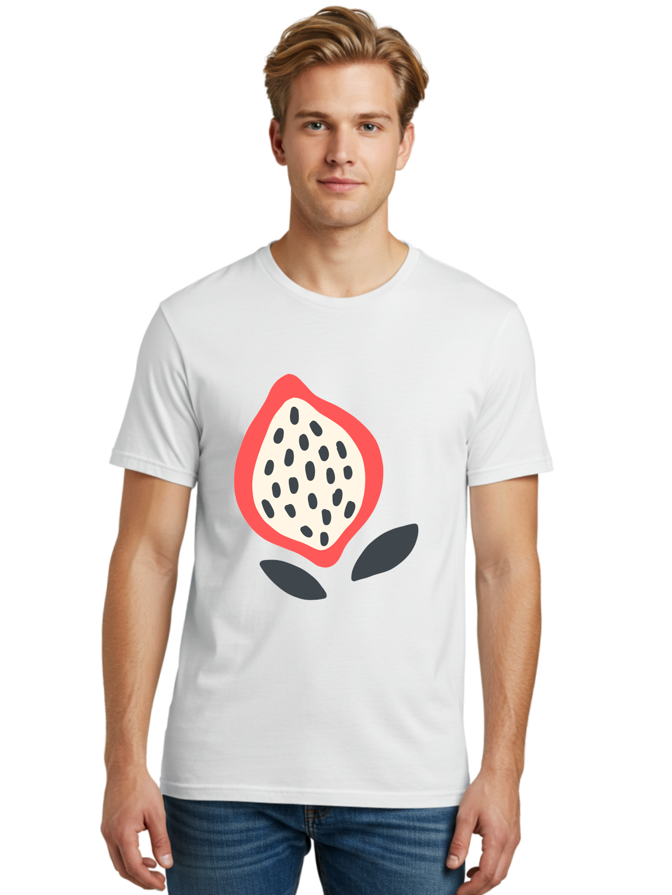 Dragon-Fruit Men'S Graphic Tee, 100% Cotton, Comfortable Casual Summer Wear, Machine Washable, Dragon Fruit, Exotic Fruit, Pink Skin, Black Seeds, White Pulp, Tropical Flavors, Healthy Eating, Fruit Illustration, Minimalist Art, Sweet Treat Aab695