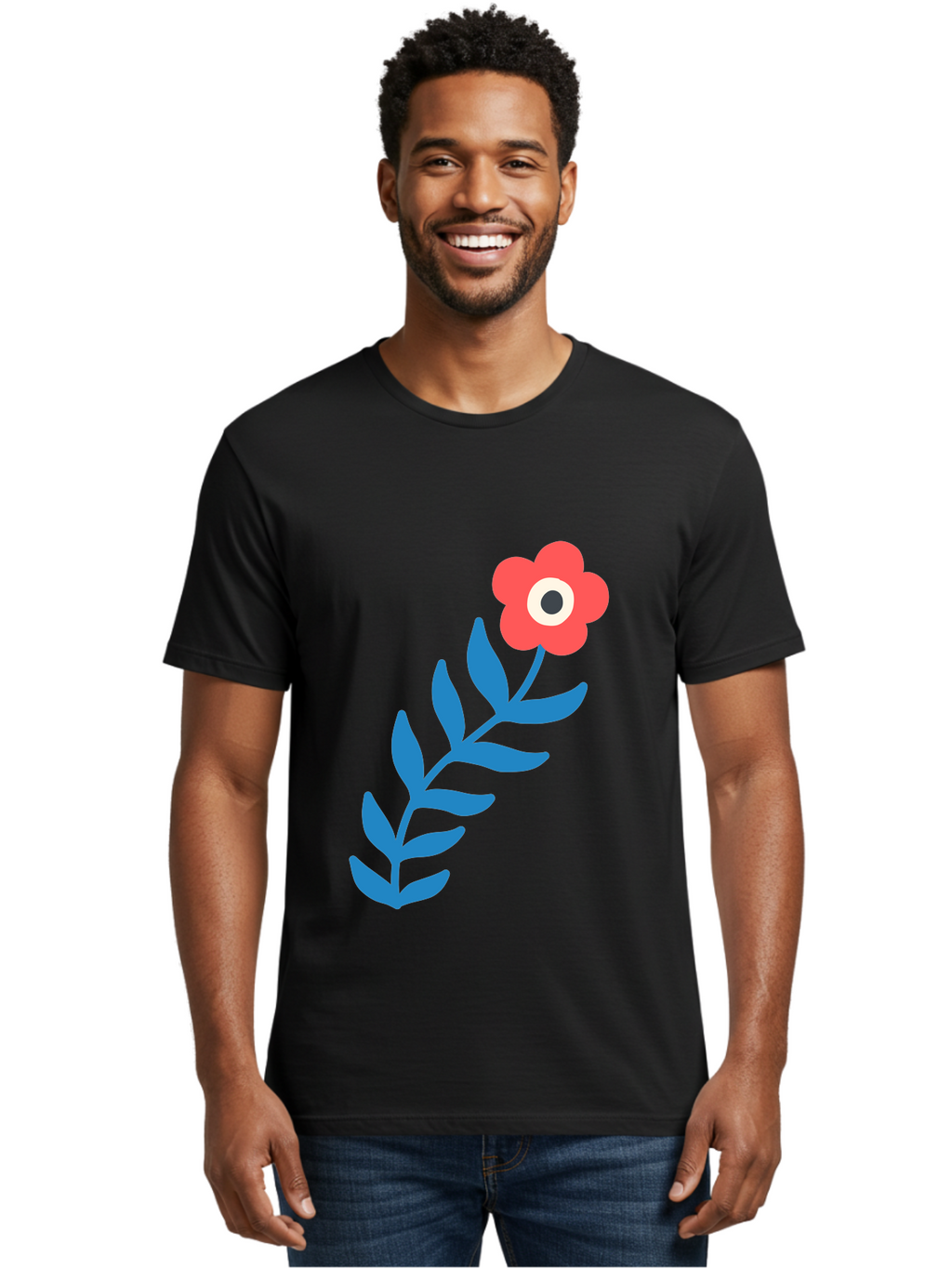 Evil-Eye-Flower Men'S Graphic Tee, 100% Cotton, Comfortable Casual Summer Wear, Machine Washable, Red Flower With White And Black Center, Blue Leaves, Abstract Floral Design, Modern Art, Stylized Bloom, Simple Shapes, Minimalist Illustration Aab697