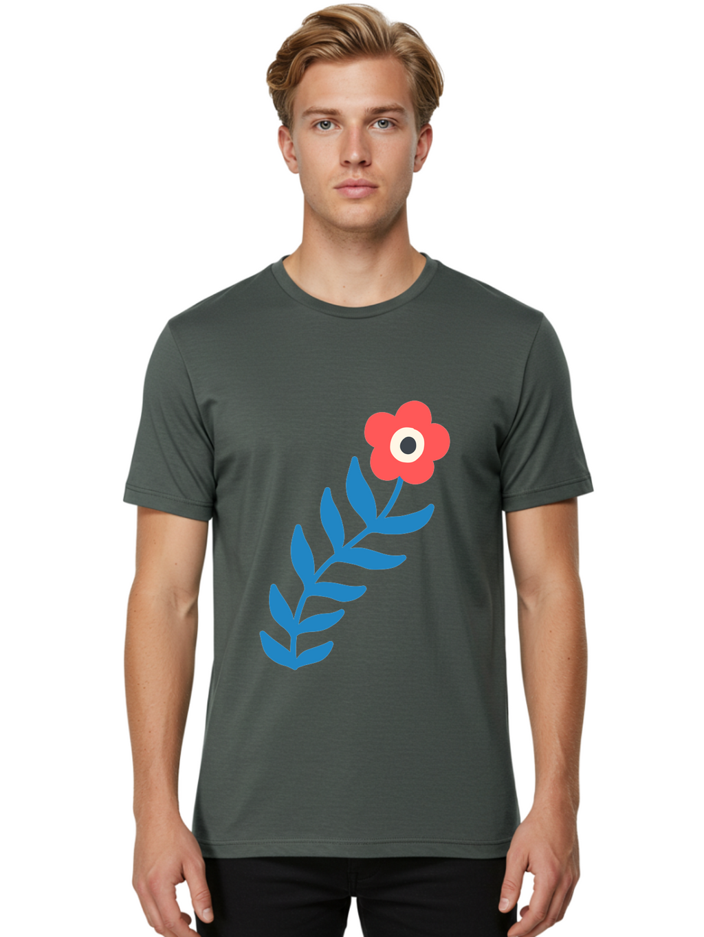 Evil-Eye-Flower Men'S Graphic Tee, 100% Cotton, Comfortable Casual Summer Wear, Machine Washable, Red Flower With White And Black Center, Blue Leaves, Abstract Floral Design, Modern Art, Stylized Bloom, Simple Shapes, Minimalist Illustration Aab697
