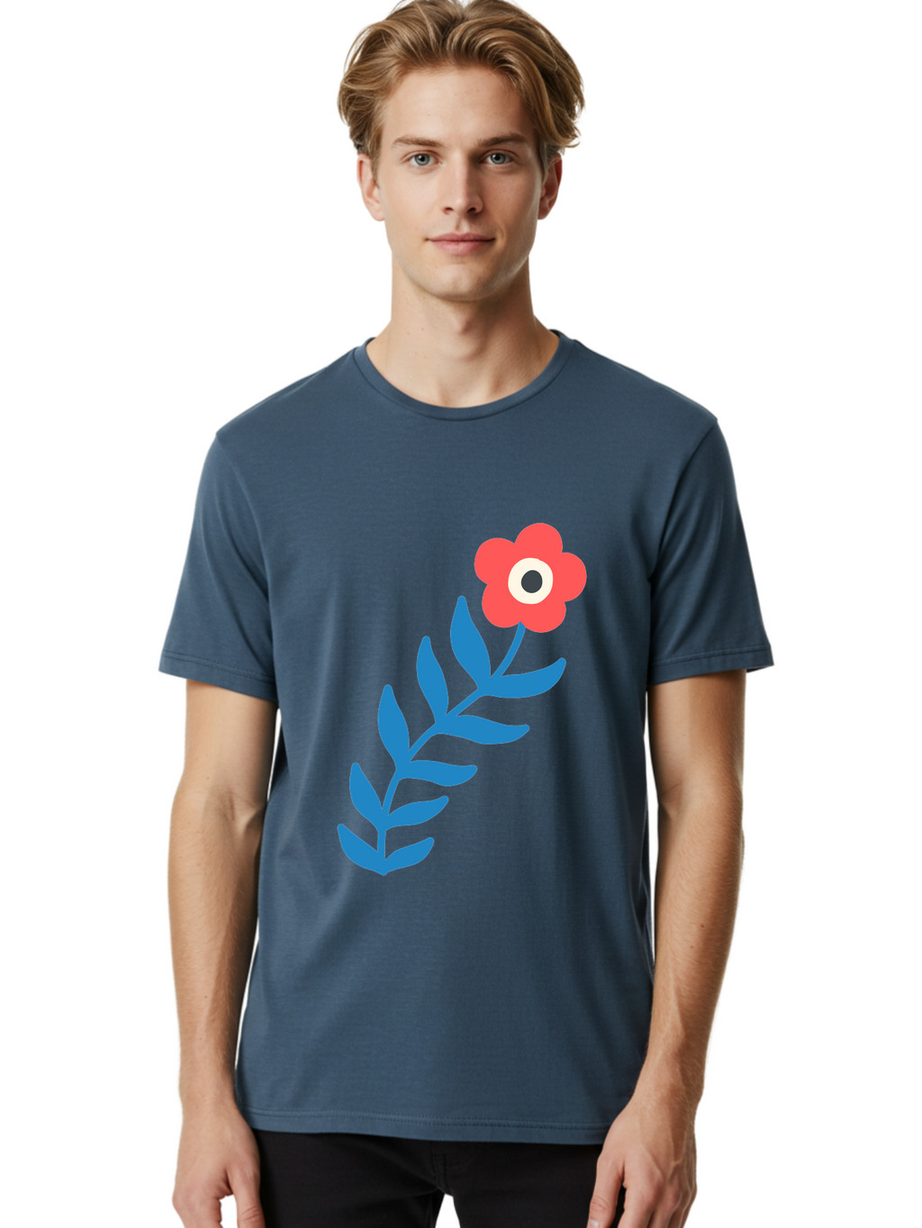 Evil-Eye-Flower Men'S Graphic Tee, 100% Cotton, Comfortable Casual Summer Wear, Machine Washable, Red Flower With White And Black Center, Blue Leaves, Abstract Floral Design, Modern Art, Stylized Bloom, Simple Shapes, Minimalist Illustration Aab697