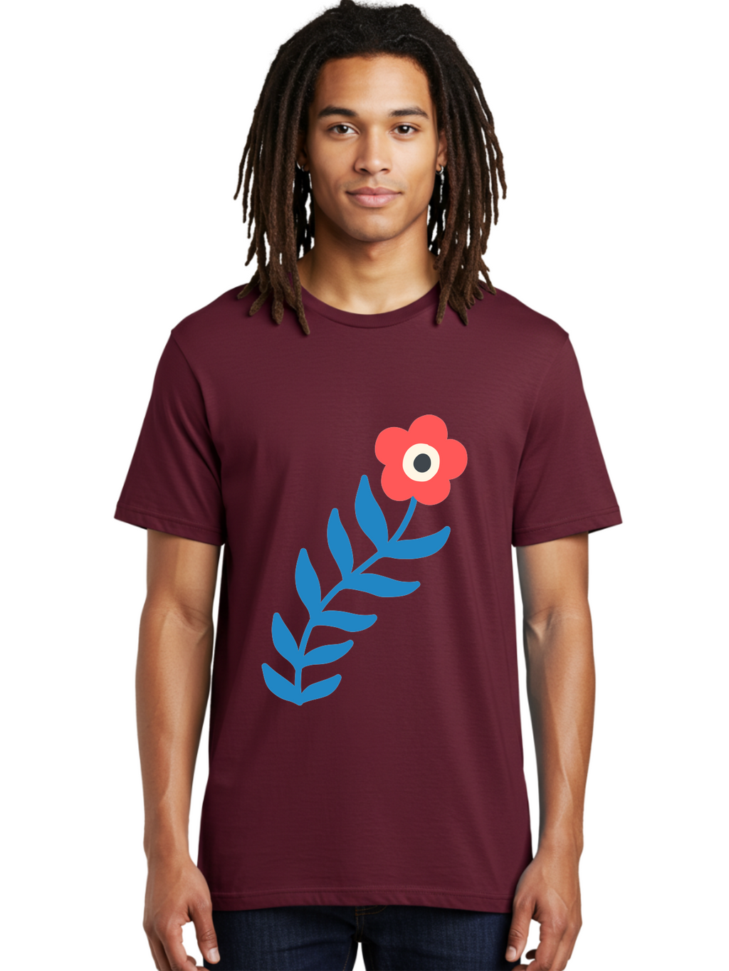 Evil-Eye-Flower Men'S Graphic Tee, 100% Cotton, Comfortable Casual Summer Wear, Machine Washable, Red Flower With White And Black Center, Blue Leaves, Abstract Floral Design, Modern Art, Stylized Bloom, Simple Shapes, Minimalist Illustration Aab697