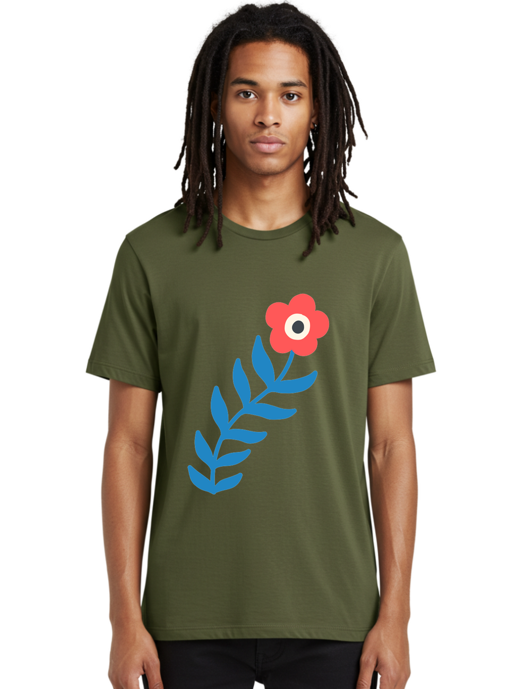 Evil-Eye-Flower Men'S Graphic Tee, 100% Cotton, Comfortable Casual Summer Wear, Machine Washable, Red Flower With White And Black Center, Blue Leaves, Abstract Floral Design, Modern Art, Stylized Bloom, Simple Shapes, Minimalist Illustration Aab697