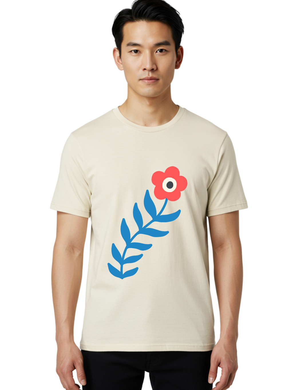 Evil-Eye-Flower Men'S Graphic Tee, 100% Cotton, Comfortable Casual Summer Wear, Machine Washable, Red Flower With White And Black Center, Blue Leaves, Abstract Floral Design, Modern Art, Stylized Bloom, Simple Shapes, Minimalist Illustration Aab697