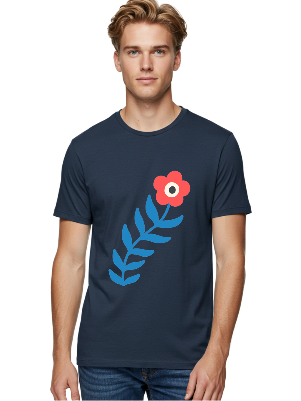 Evil-Eye-Flower Men'S Graphic Tee, 100% Cotton, Comfortable Casual Summer Wear, Machine Washable, Red Flower With White And Black Center, Blue Leaves, Abstract Floral Design, Modern Art, Stylized Bloom, Simple Shapes, Minimalist Illustration Aab697
