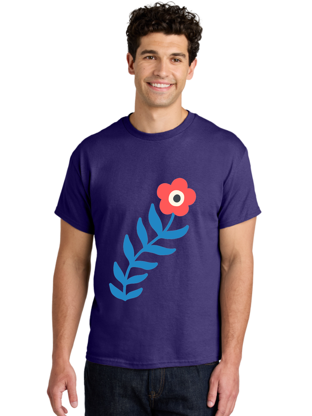 Evil-Eye-Flower Men'S Graphic Tee, 100% Cotton, Comfortable Casual Summer Wear, Machine Washable, Red Flower With White And Black Center, Blue Leaves, Abstract Floral Design, Modern Art, Stylized Bloom, Simple Shapes, Minimalist Illustration Aab697