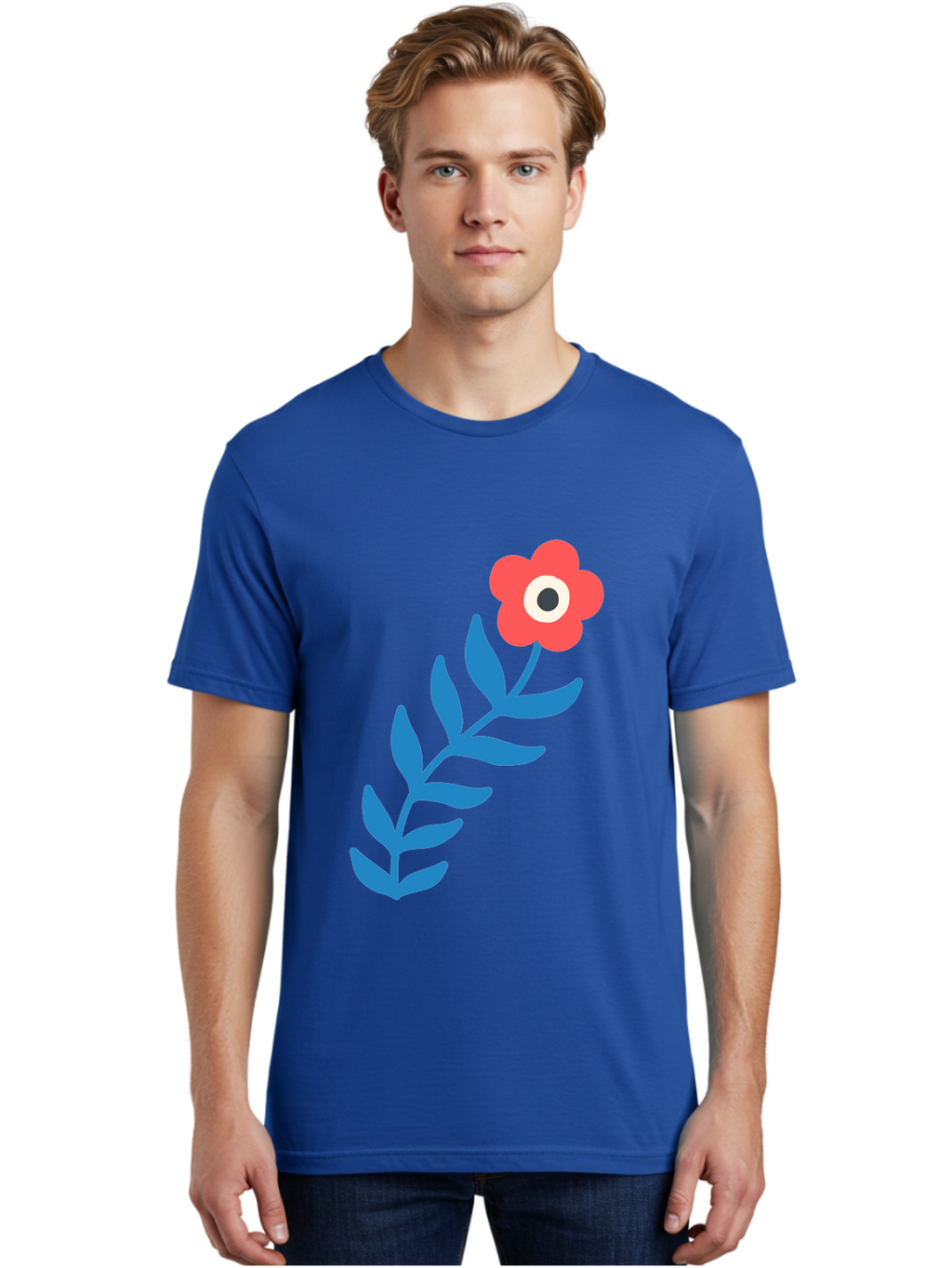 Evil-Eye-Flower Men'S Graphic Tee, 100% Cotton, Comfortable Casual Summer Wear, Machine Washable, Red Flower With White And Black Center, Blue Leaves, Abstract Floral Design, Modern Art, Stylized Bloom, Simple Shapes, Minimalist Illustration Aab697