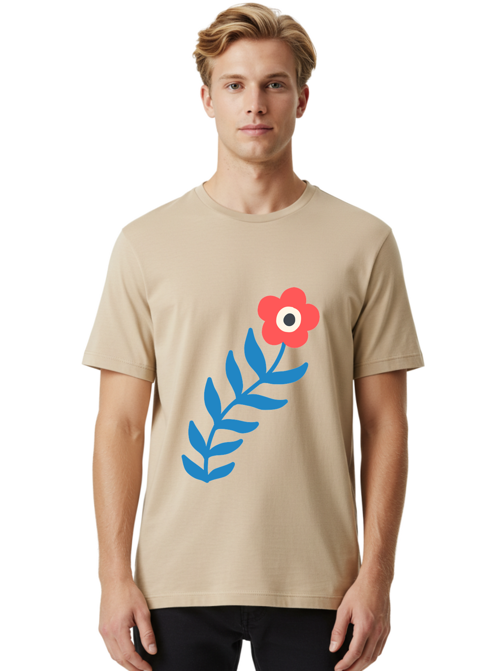 Evil-Eye-Flower Men'S Graphic Tee, 100% Cotton, Comfortable Casual Summer Wear, Machine Washable, Red Flower With White And Black Center, Blue Leaves, Abstract Floral Design, Modern Art, Stylized Bloom, Simple Shapes, Minimalist Illustration Aab697
