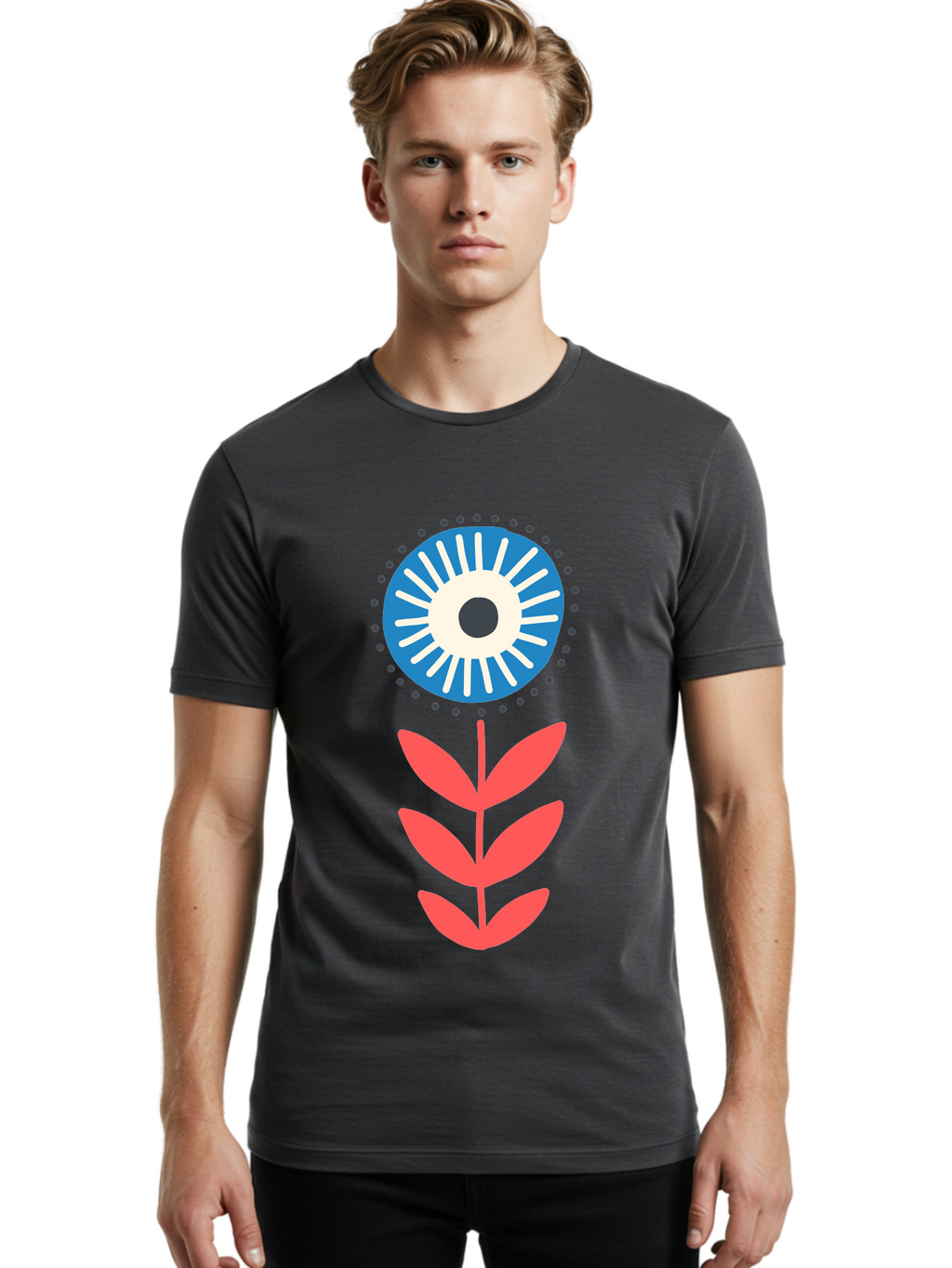 Eye-Flower-1 Men'S Graphic Tee, 100% Cotton, Comfortable Casual Summer Wear, Machine Washable, Evil Eye Symbol, Blue And White Eye, Protection Charm, Floral Design, Red Leaves, Abstract Art, Mystical Motif, Symbolic Artwork Aab698