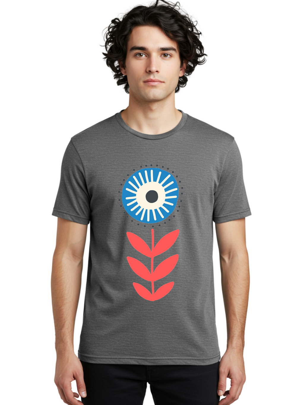 Eye-Flower-1 Men'S Graphic Tee, 100% Cotton, Comfortable Casual Summer Wear, Machine Washable, Evil Eye Symbol, Blue And White Eye, Protection Charm, Floral Design, Red Leaves, Abstract Art, Mystical Motif, Symbolic Artwork Aab698