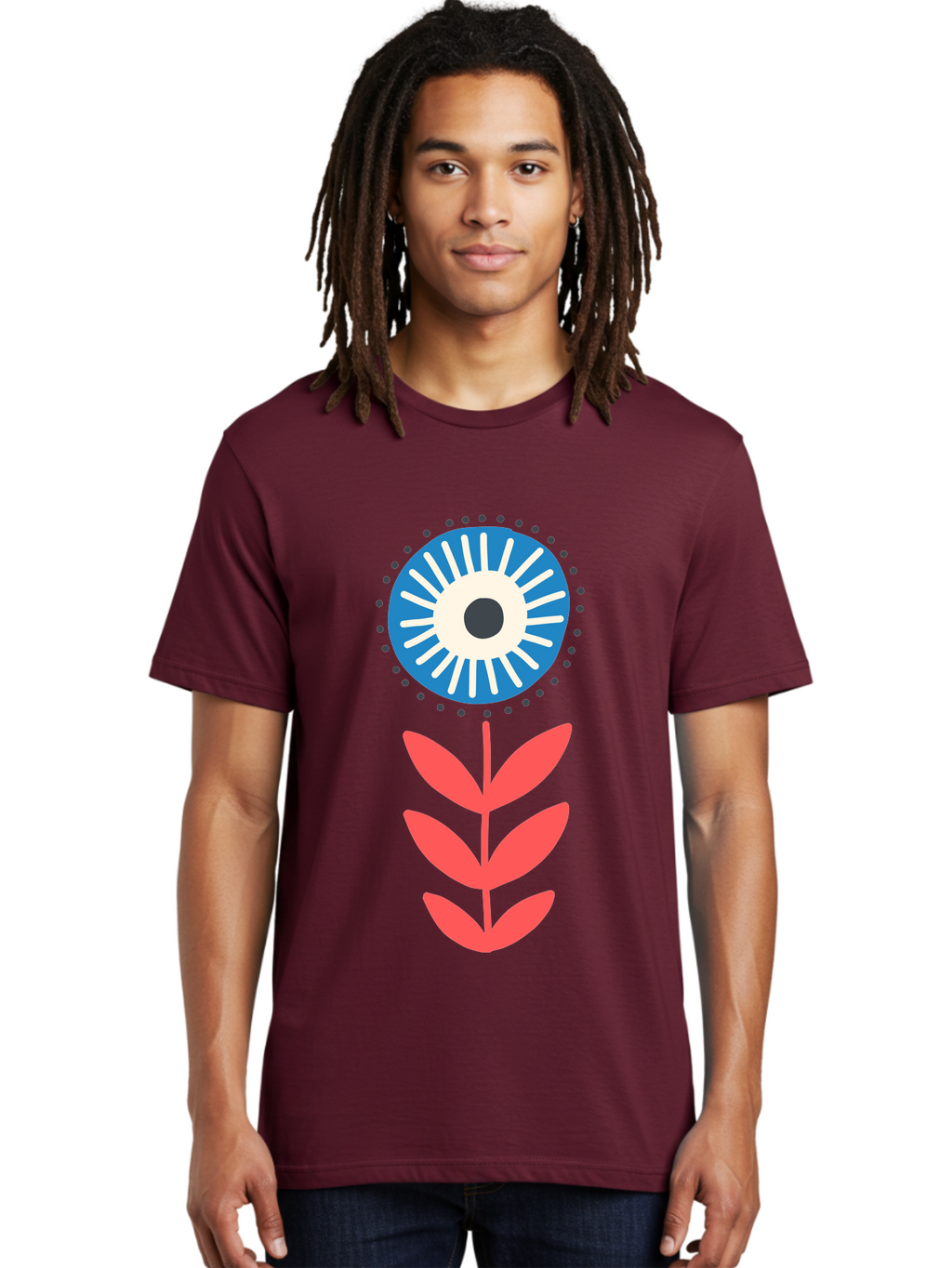 Eye-Flower-1 Men'S Graphic Tee, 100% Cotton, Comfortable Casual Summer Wear, Machine Washable, Evil Eye Symbol, Blue And White Eye, Protection Charm, Floral Design, Red Leaves, Abstract Art, Mystical Motif, Symbolic Artwork Aab698