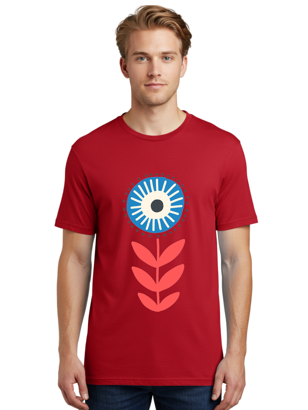 Eye-Flower-1 Men'S Graphic Tee, 100% Cotton, Comfortable Casual Summer Wear, Machine Washable, Evil Eye Symbol, Blue And White Eye, Protection Charm, Floral Design, Red Leaves, Abstract Art, Mystical Motif, Symbolic Artwork Aab698