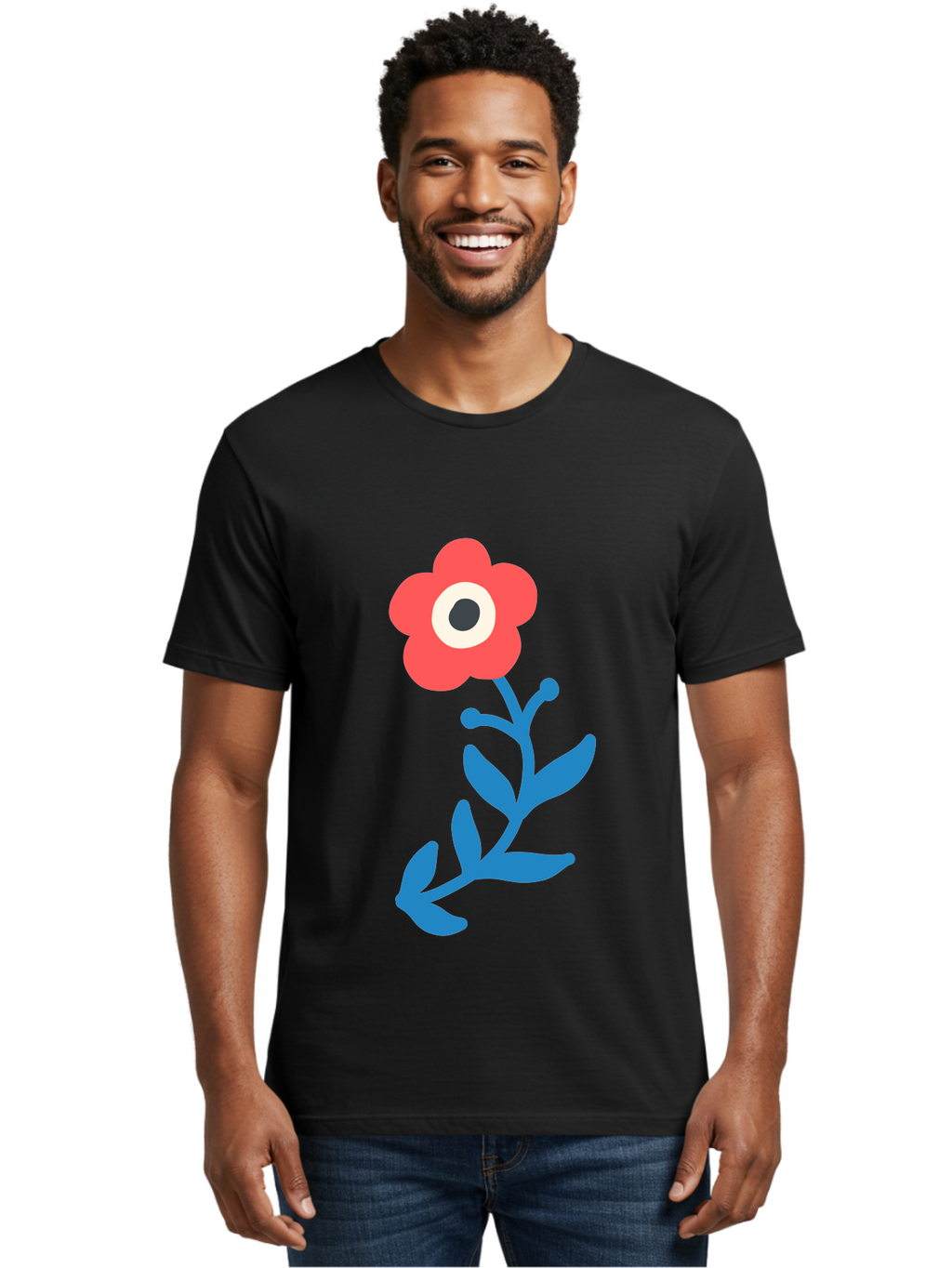 Eye-Flower Men'S Graphic Tee, 100% Cotton, Comfortable Casual Summer Wear, Machine Washable, Cartoon Flower, Floral Design, Red Bloom, Blue Leaves, Eye In Flower, Quirky Art, Illustration, Pop Art, Modern Art, Abstract Art, Red Petals, Aab699