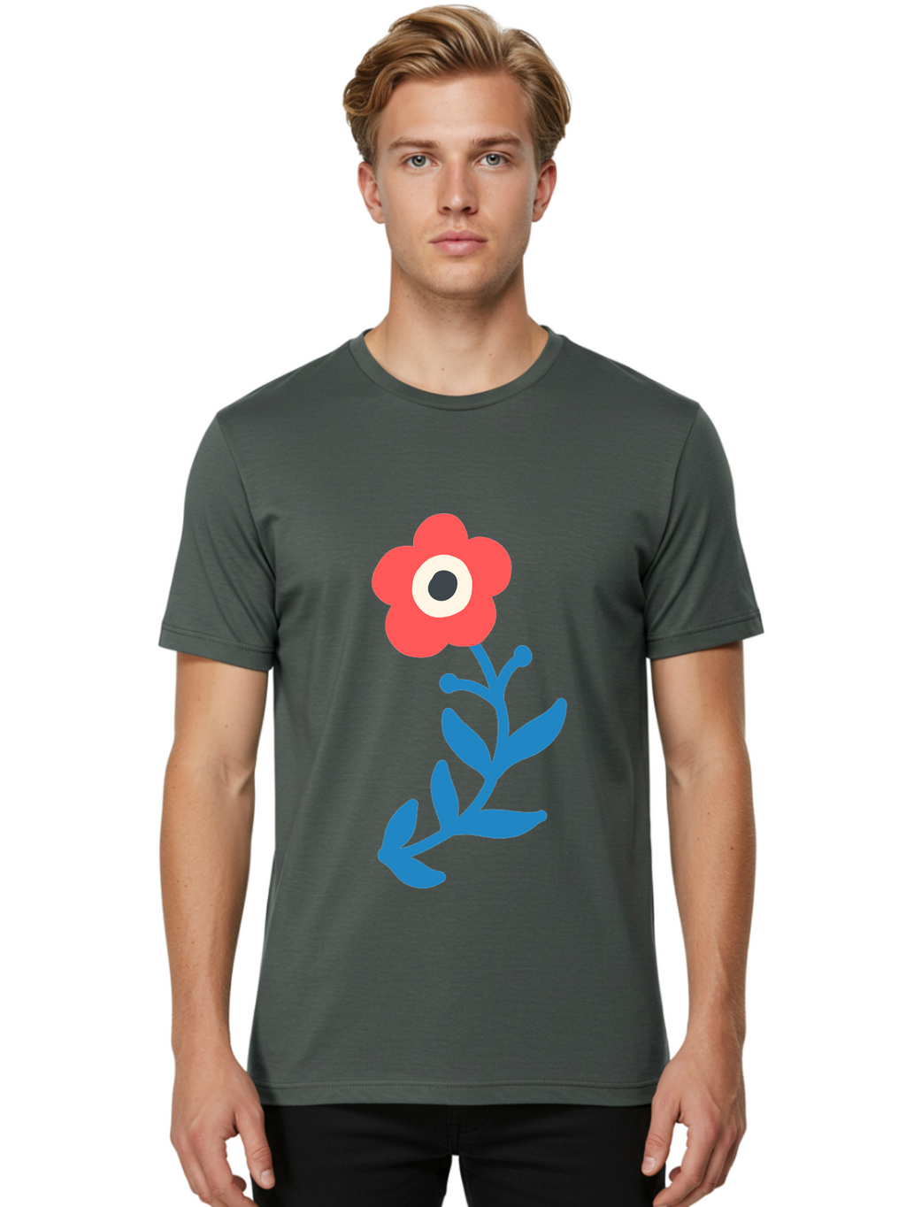 Eye-Flower Men'S Graphic Tee, 100% Cotton, Comfortable Casual Summer Wear, Machine Washable, Cartoon Flower, Floral Design, Red Bloom, Blue Leaves, Eye In Flower, Quirky Art, Illustration, Pop Art, Modern Art, Abstract Art, Red Petals, Aab699