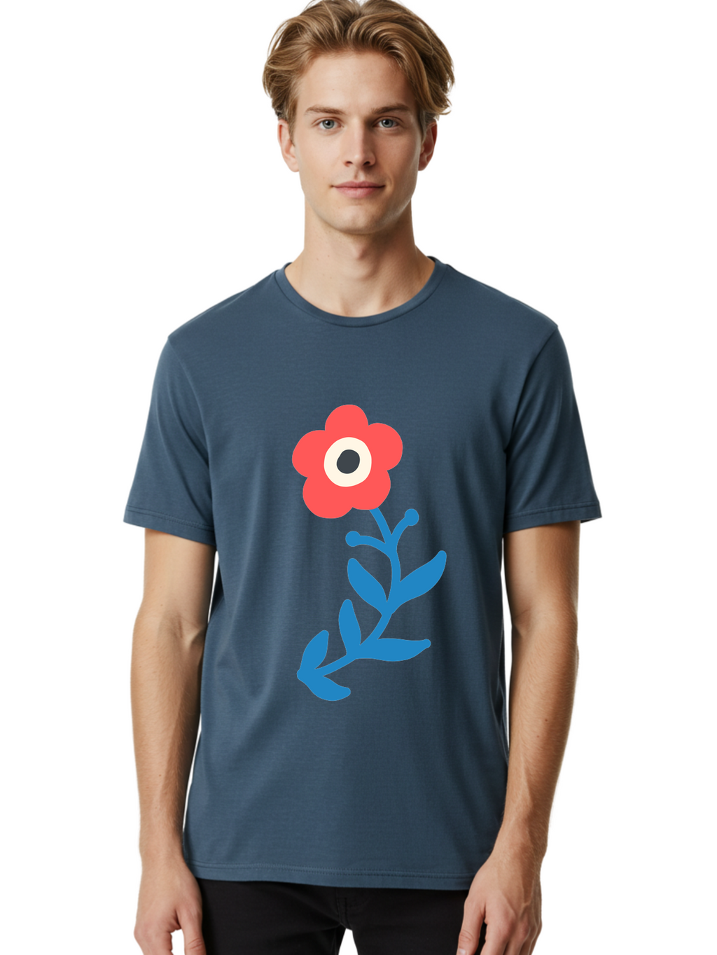 Eye-Flower Men'S Graphic Tee, 100% Cotton, Comfortable Casual Summer Wear, Machine Washable, Cartoon Flower, Floral Design, Red Bloom, Blue Leaves, Eye In Flower, Quirky Art, Illustration, Pop Art, Modern Art, Abstract Art, Red Petals, Aab699