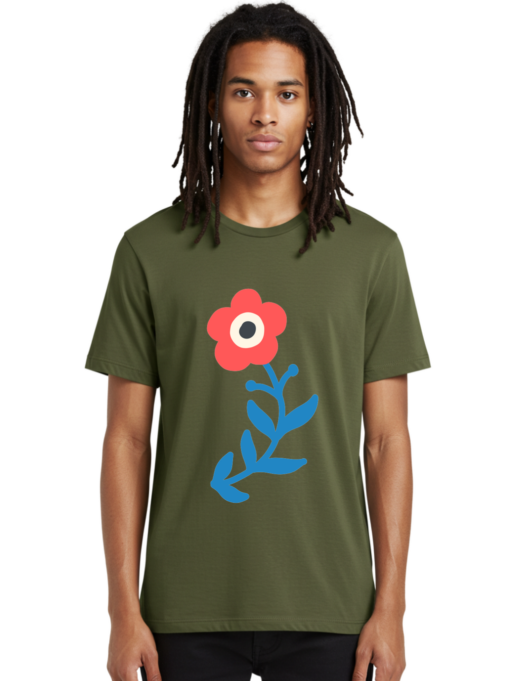 Eye-Flower Men'S Graphic Tee, 100% Cotton, Comfortable Casual Summer Wear, Machine Washable, Cartoon Flower, Floral Design, Red Bloom, Blue Leaves, Eye In Flower, Quirky Art, Illustration, Pop Art, Modern Art, Abstract Art, Red Petals, Aab699