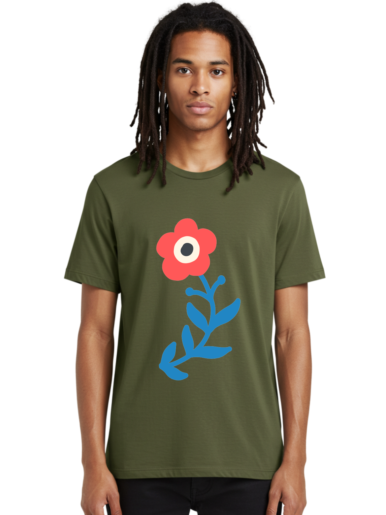 Eye-Flower Men'S Graphic Tee, 100% Cotton, Comfortable Casual Summer Wear, Machine Washable, Cartoon Flower, Floral Design, Red Bloom, Blue Leaves, Eye In Flower, Quirky Art, Illustration, Pop Art, Modern Art, Abstract Art, Red Petals, Aab699