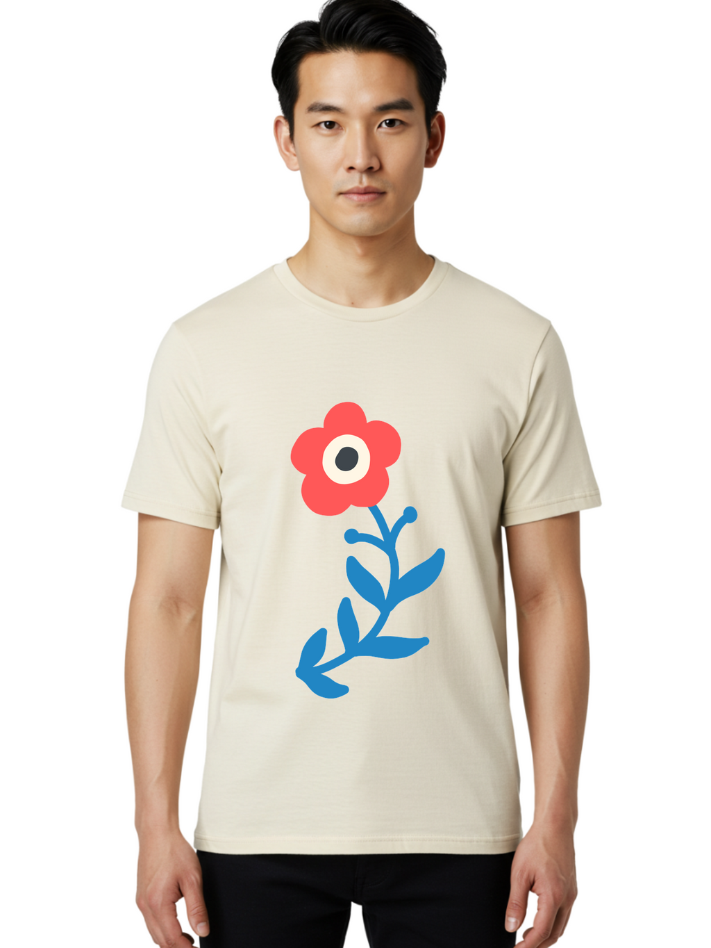 Eye-Flower Men'S Graphic Tee, 100% Cotton, Comfortable Casual Summer Wear, Machine Washable, Cartoon Flower, Floral Design, Red Bloom, Blue Leaves, Eye In Flower, Quirky Art, Illustration, Pop Art, Modern Art, Abstract Art, Red Petals, Aab699