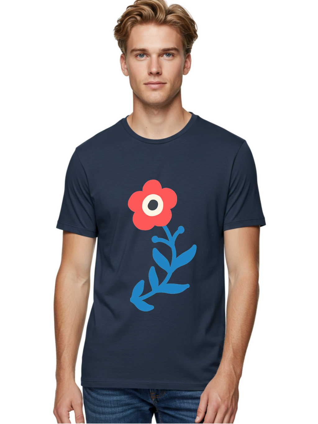 Eye-Flower Men'S Graphic Tee, 100% Cotton, Comfortable Casual Summer Wear, Machine Washable, Cartoon Flower, Floral Design, Red Bloom, Blue Leaves, Eye In Flower, Quirky Art, Illustration, Pop Art, Modern Art, Abstract Art, Red Petals, Aab699