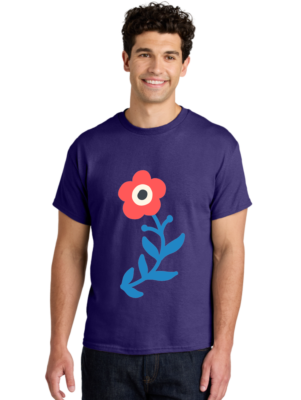 Eye-Flower Men'S Graphic Tee, 100% Cotton, Comfortable Casual Summer Wear, Machine Washable, Cartoon Flower, Floral Design, Red Bloom, Blue Leaves, Eye In Flower, Quirky Art, Illustration, Pop Art, Modern Art, Abstract Art, Red Petals, Aab699