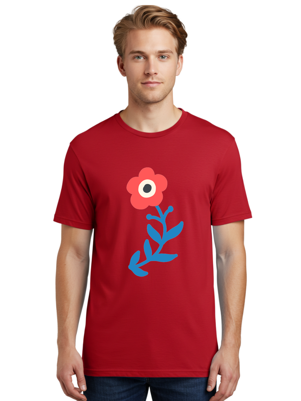Eye-Flower Men'S Graphic Tee, 100% Cotton, Comfortable Casual Summer Wear, Machine Washable, Cartoon Flower, Floral Design, Red Bloom, Blue Leaves, Eye In Flower, Quirky Art, Illustration, Pop Art, Modern Art, Abstract Art, Red Petals, Aab699