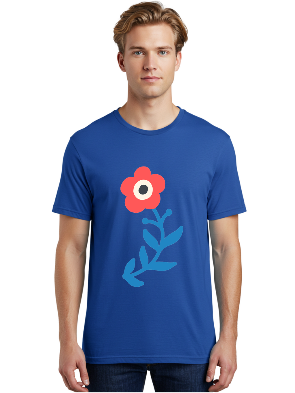 Eye-Flower Men'S Graphic Tee, 100% Cotton, Comfortable Casual Summer Wear, Machine Washable, Cartoon Flower, Floral Design, Red Bloom, Blue Leaves, Eye In Flower, Quirky Art, Illustration, Pop Art, Modern Art, Abstract Art, Red Petals, Aab699
