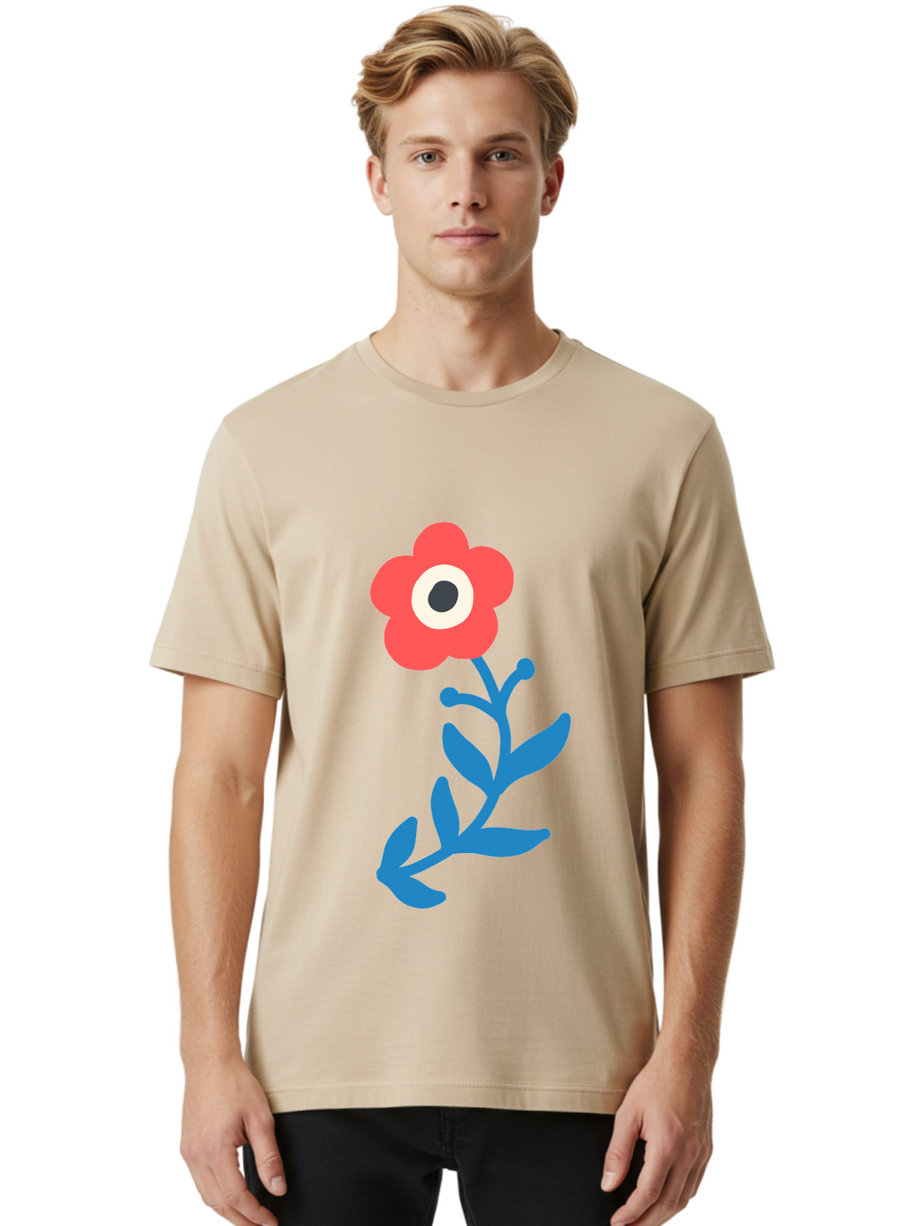 Eye-Flower Men'S Graphic Tee, 100% Cotton, Comfortable Casual Summer Wear, Machine Washable, Cartoon Flower, Floral Design, Red Bloom, Blue Leaves, Eye In Flower, Quirky Art, Illustration, Pop Art, Modern Art, Abstract Art, Red Petals, Aab699