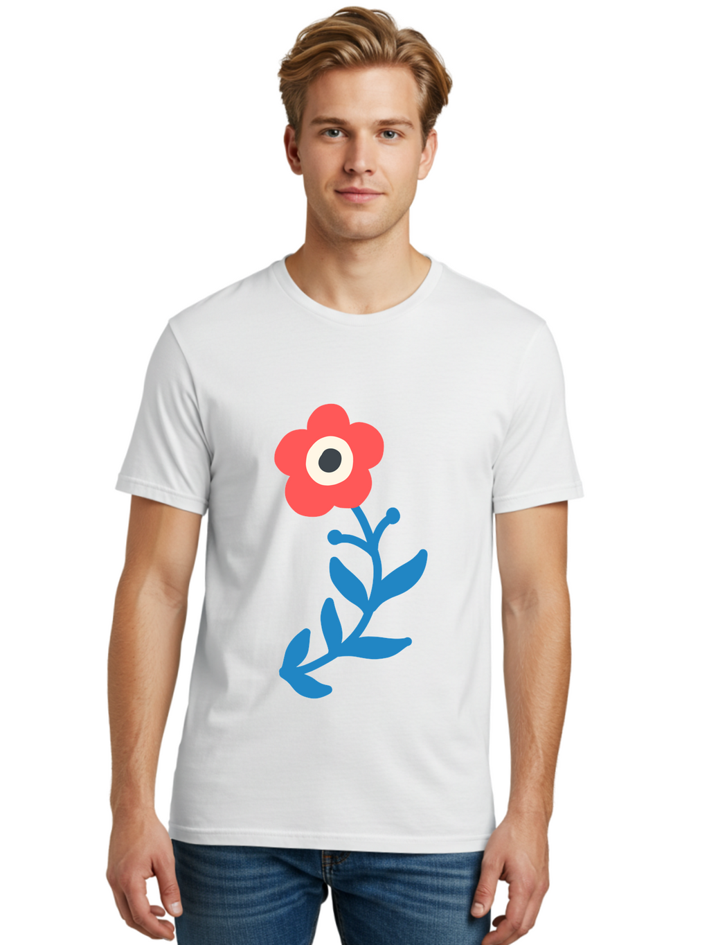 Eye-Flower Men'S Graphic Tee, 100% Cotton, Comfortable Casual Summer Wear, Machine Washable, Cartoon Flower, Floral Design, Red Bloom, Blue Leaves, Eye In Flower, Quirky Art, Illustration, Pop Art, Modern Art, Abstract Art, Red Petals, Aab699