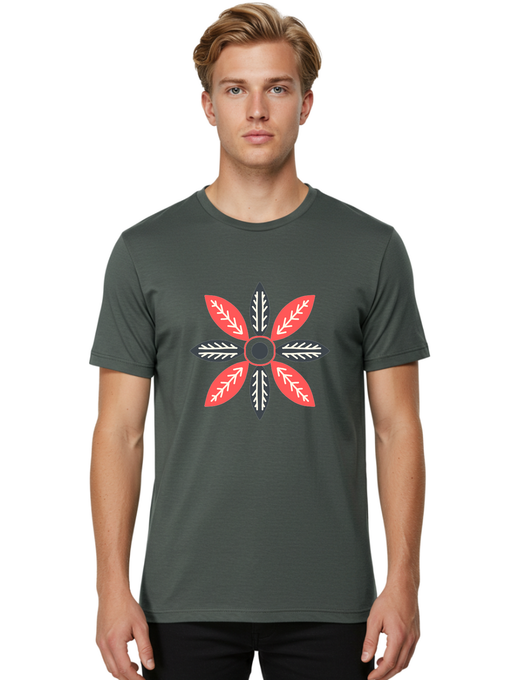 Floral-Emblem Men'S Graphic Tee, 100% Cotton, Comfortable Casual Summer Wear, Machine Washable, Symmetrical Floral Design, Red And Black Petals, White Leaf Details, Circular Pattern, Abstract Flower, Geometric Shapes, Graphic Illustration, Aab701