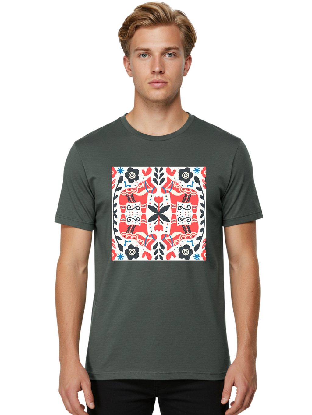 Floral-Pattern-1 Men'S Graphic Tee, 100% Cotton, Comfortable Casual Summer Wear, Machine Washable, Symmetrical Floral Design, Folk Art Style, Red And Black Flowers, Ornate Details, Blue Accents, Traditional Motifs, Decorative Elements, Aab702