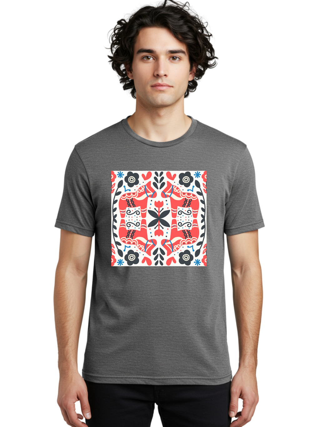Floral-Pattern-1 Men'S Graphic Tee, 100% Cotton, Comfortable Casual Summer Wear, Machine Washable, Symmetrical Floral Design, Folk Art Style, Red And Black Flowers, Ornate Details, Blue Accents, Traditional Motifs, Decorative Elements, Aab702