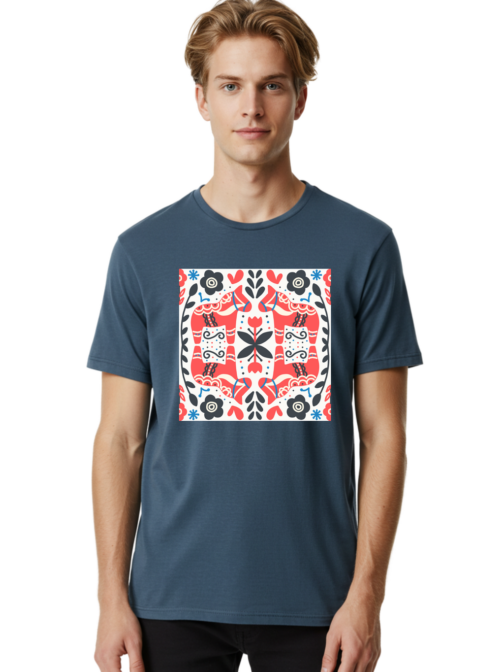 Floral-Pattern-1 Men'S Graphic Tee, 100% Cotton, Comfortable Casual Summer Wear, Machine Washable, Symmetrical Floral Design, Folk Art Style, Red And Black Flowers, Ornate Details, Blue Accents, Traditional Motifs, Decorative Elements, Aab702