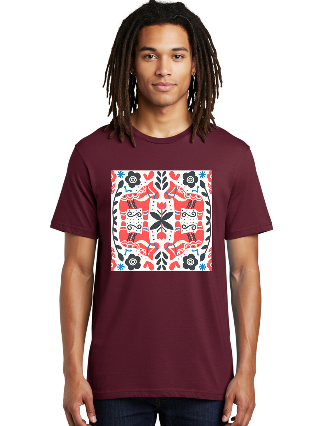 Floral-Pattern-1 Men'S Graphic Tee, 100% Cotton, Comfortable Casual Summer Wear, Machine Washable, Symmetrical Floral Design, Folk Art Style, Red And Black Flowers, Ornate Details, Blue Accents, Traditional Motifs, Decorative Elements, Aab702