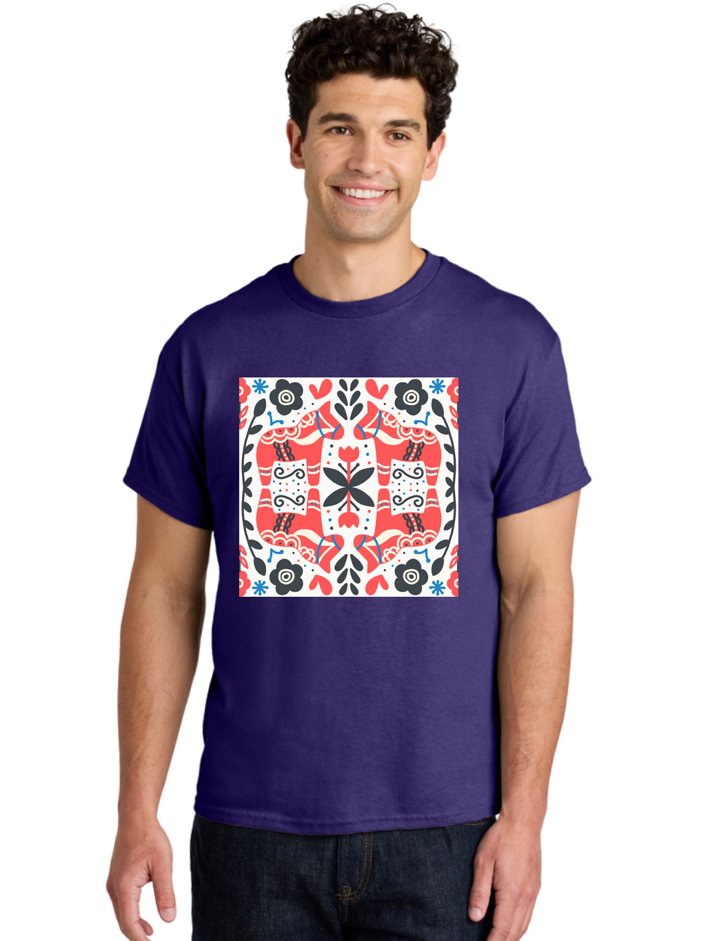 Floral-Pattern-1 Men'S Graphic Tee, 100% Cotton, Comfortable Casual Summer Wear, Machine Washable, Symmetrical Floral Design, Folk Art Style, Red And Black Flowers, Ornate Details, Blue Accents, Traditional Motifs, Decorative Elements, Aab702