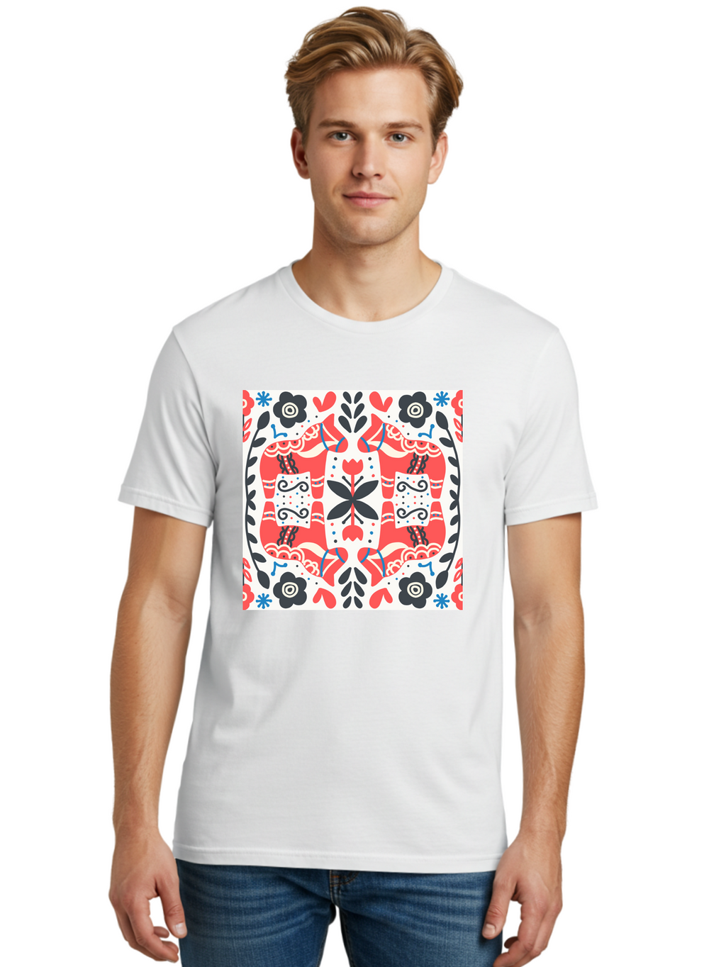 Floral-Pattern-1 Men'S Graphic Tee, 100% Cotton, Comfortable Casual Summer Wear, Machine Washable, Symmetrical Floral Design, Folk Art Style, Red And Black Flowers, Ornate Details, Blue Accents, Traditional Motifs, Decorative Elements, Aab702