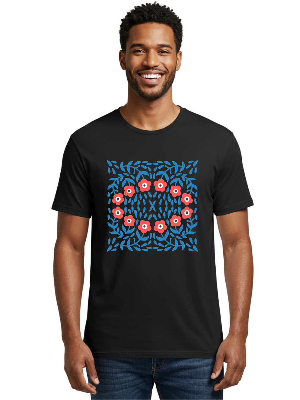 Floral-Pattern-11 Men'S Graphic Tee, 100% Cotton, Comfortable Casual Summer Wear, Machine Washable, Pink Flowers, Floral Pattern, Blue Leaves, Symmetrical Design, Abstract Art, Vibrant Colors, Playful Graphics, Whimsical Elements, Aab704