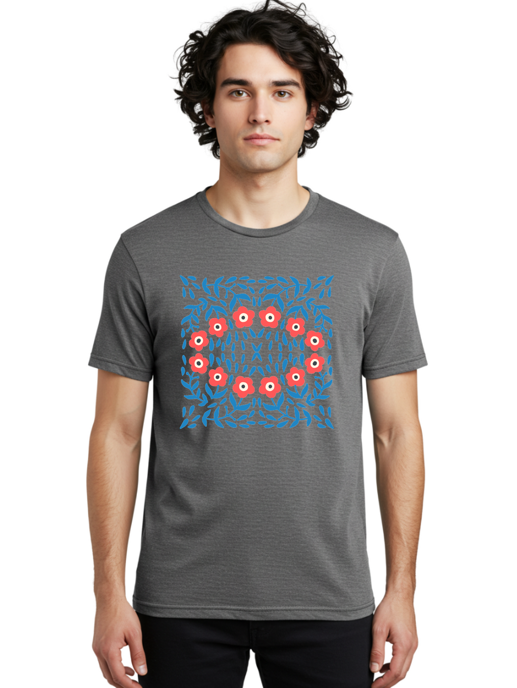 Floral-Pattern-11 Men'S Graphic Tee, 100% Cotton, Comfortable Casual Summer Wear, Machine Washable, Pink Flowers, Floral Pattern, Blue Leaves, Symmetrical Design, Abstract Art, Vibrant Colors, Playful Graphics, Whimsical Elements, Aab704