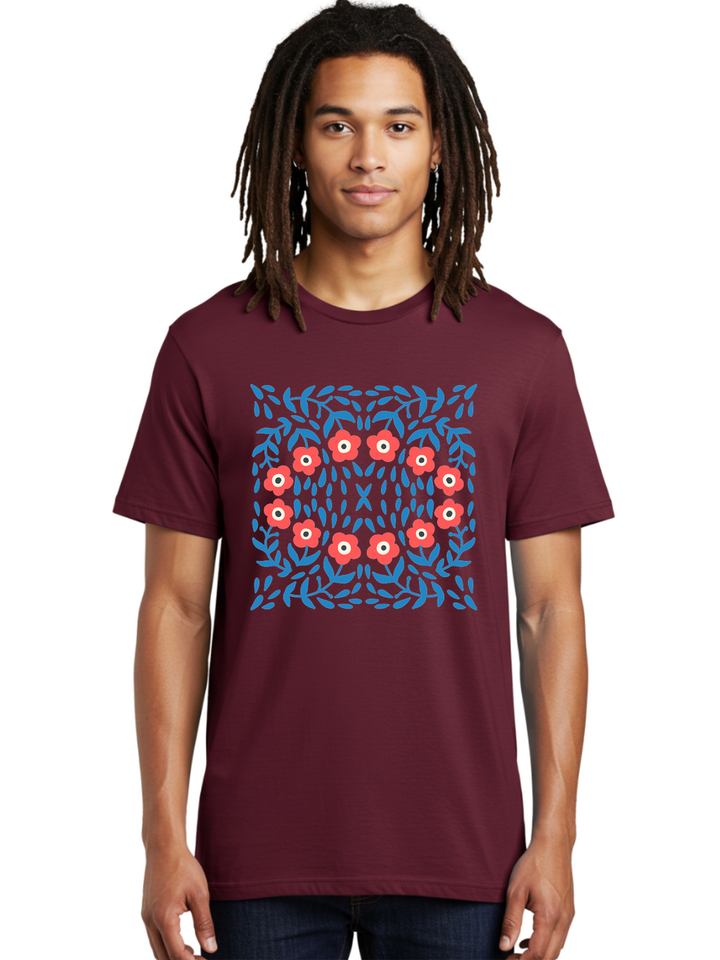 Floral-Pattern-11 Men'S Graphic Tee, 100% Cotton, Comfortable Casual Summer Wear, Machine Washable, Pink Flowers, Floral Pattern, Blue Leaves, Symmetrical Design, Abstract Art, Vibrant Colors, Playful Graphics, Whimsical Elements, Aab704