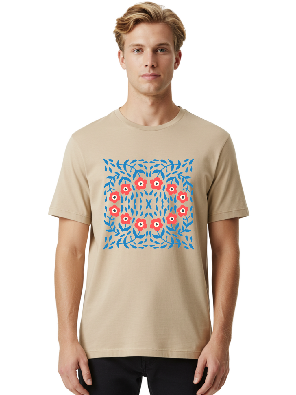 Floral-Pattern-11 Men'S Graphic Tee, 100% Cotton, Comfortable Casual Summer Wear, Machine Washable, Pink Flowers, Floral Pattern, Blue Leaves, Symmetrical Design, Abstract Art, Vibrant Colors, Playful Graphics, Whimsical Elements, Aab704