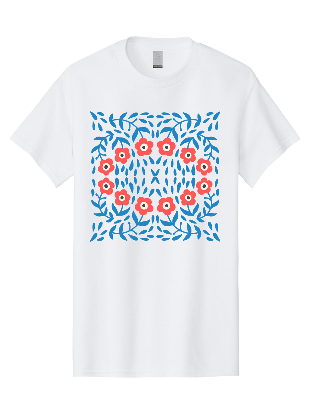 Floral-Pattern-11 Men'S Graphic Tee, 100% Cotton, Comfortable Casual Summer Wear, Machine Washable, Pink Flowers, Floral Pattern, Blue Leaves, Symmetrical Design, Abstract Art, Vibrant Colors, Playful Graphics, Whimsical Elements, Aab704