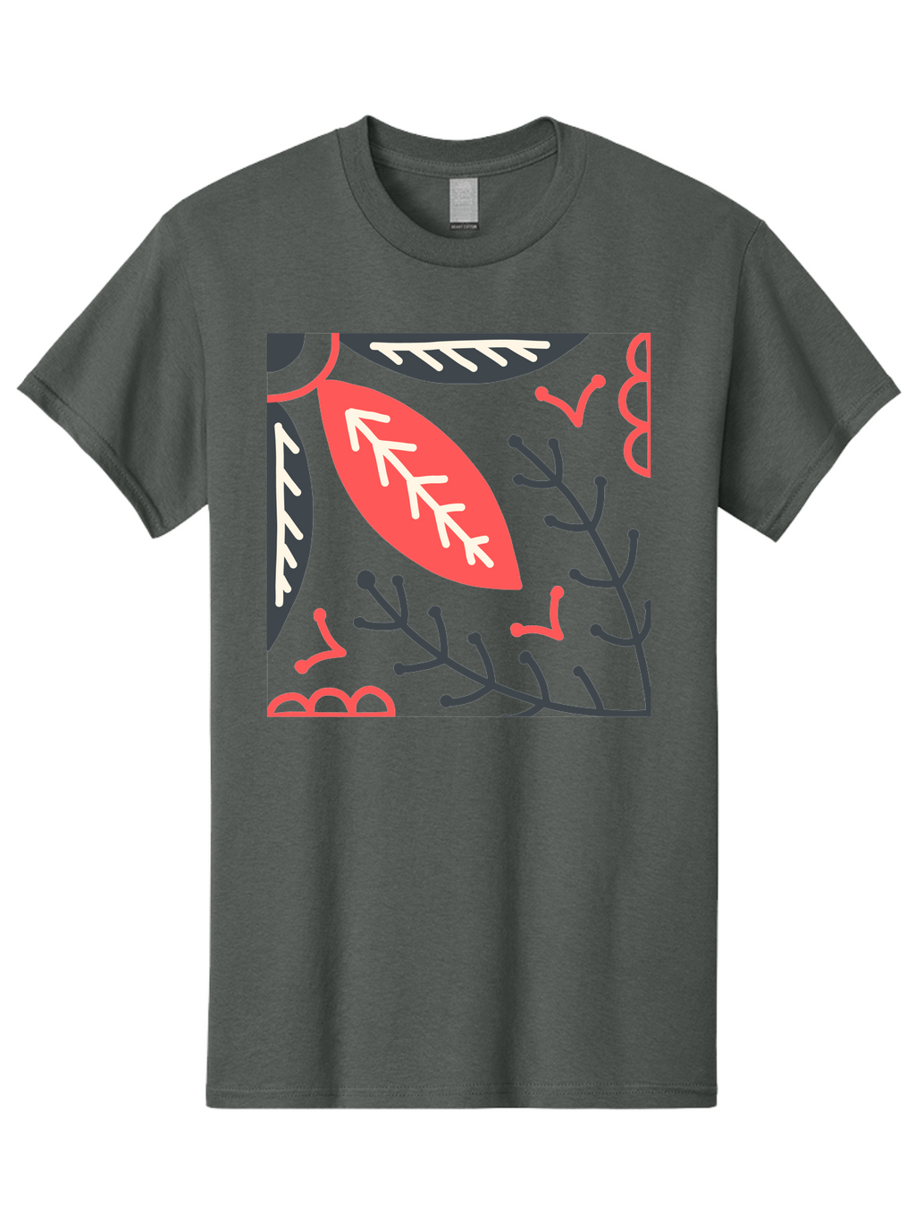 Floral-Pattern-12 Men'S Graphic Tee, 100% Cotton, Comfortable Casual Summer Wear, Machine Washable, Leaf Pattern, Floral Design, Abstract Leaves, Red And White Accents, Black Outlines, Whimsical Illustration, Botanical Art, Aab705