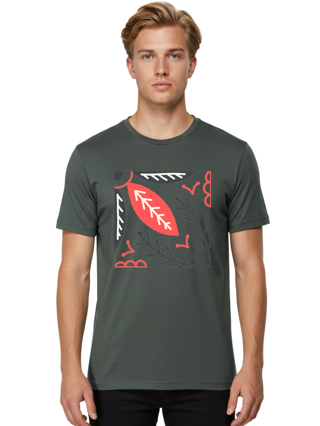 Floral-Pattern-12 Men'S Graphic Tee, 100% Cotton, Comfortable Casual Summer Wear, Machine Washable, Leaf Pattern, Floral Design, Abstract Leaves, Red And White Accents, Black Outlines, Whimsical Illustration, Botanical Art, Aab705