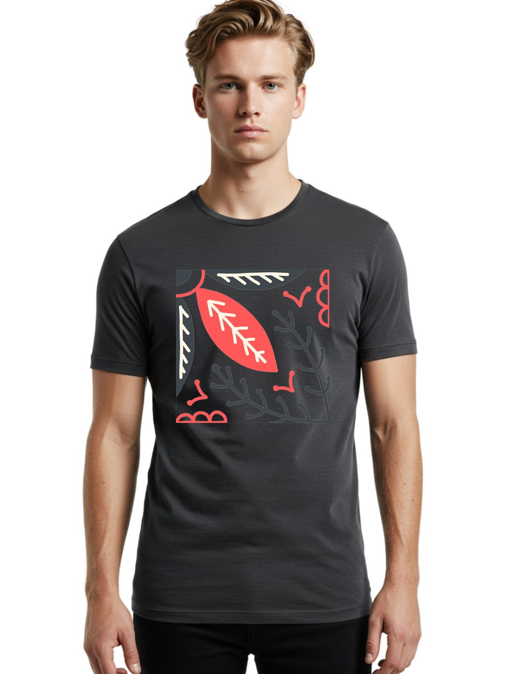 Floral-Pattern-12 Men'S Graphic Tee, 100% Cotton, Comfortable Casual Summer Wear, Machine Washable, Leaf Pattern, Floral Design, Abstract Leaves, Red And White Accents, Black Outlines, Whimsical Illustration, Botanical Art, Aab705