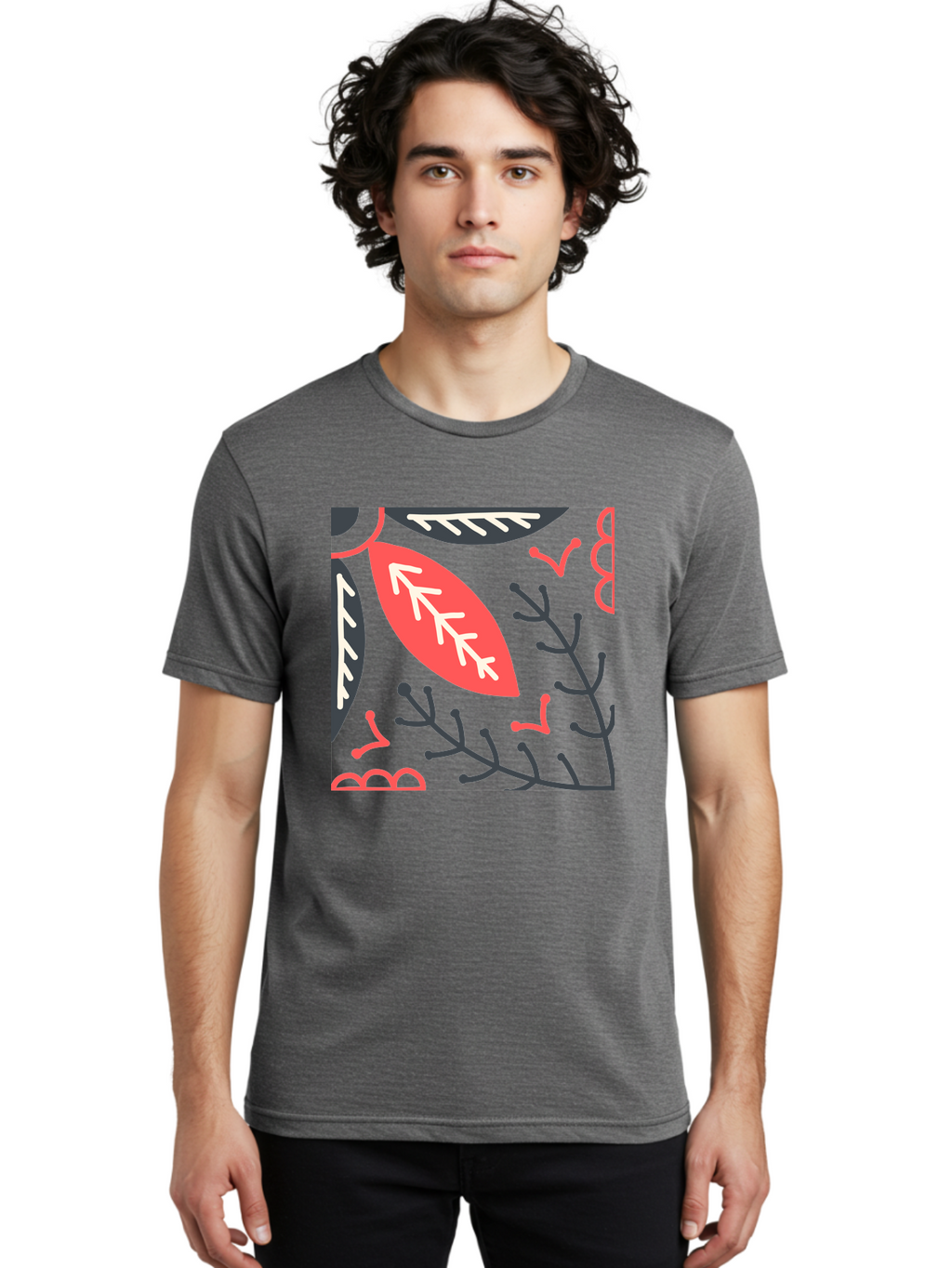 Floral-Pattern-12 Men'S Graphic Tee, 100% Cotton, Comfortable Casual Summer Wear, Machine Washable, Leaf Pattern, Floral Design, Abstract Leaves, Red And White Accents, Black Outlines, Whimsical Illustration, Botanical Art, Aab705