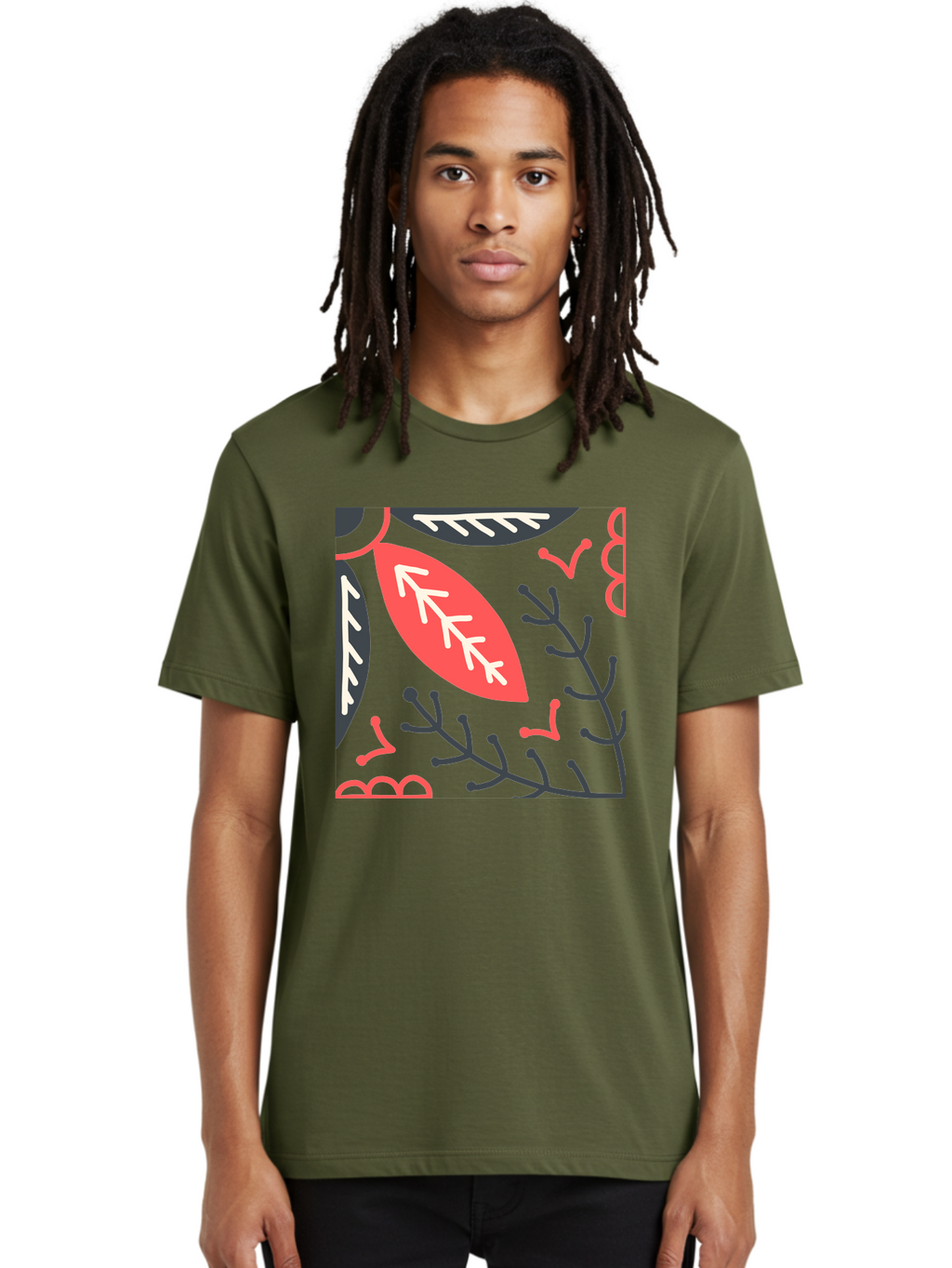 Floral-Pattern-12 Men'S Graphic Tee, 100% Cotton, Comfortable Casual Summer Wear, Machine Washable, Leaf Pattern, Floral Design, Abstract Leaves, Red And White Accents, Black Outlines, Whimsical Illustration, Botanical Art, Aab705
