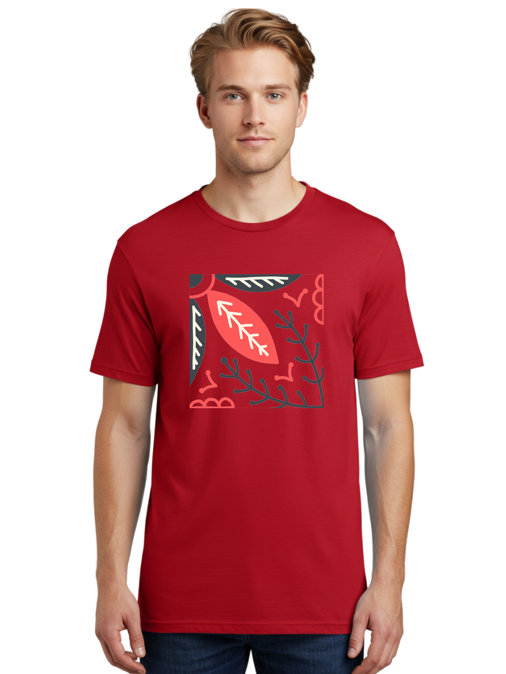 Floral-Pattern-12 Men'S Graphic Tee, 100% Cotton, Comfortable Casual Summer Wear, Machine Washable, Leaf Pattern, Floral Design, Abstract Leaves, Red And White Accents, Black Outlines, Whimsical Illustration, Botanical Art, Aab705